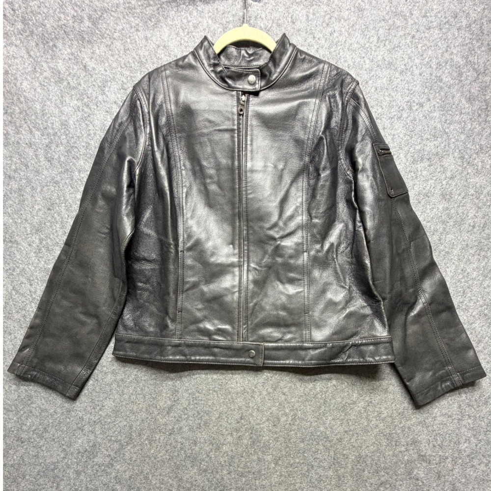 i.e. relaxed Black Leather Cafe Racer Jacket Womens XL RN 13711 Full Zip